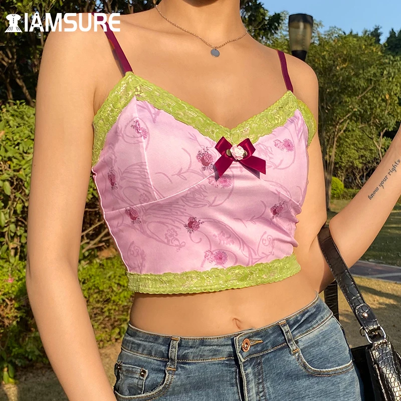 IAMSURE Lace Trim Pink Spaghetti Bow Straps Floral Print Camis Deeep V Neck Crop Top Casual Slim Tank Tops Holiday Streetwear 
IAMSURE Lace Trim Pink Spaghetti Bow Straps Floral Print Camis Deeep V Neck Crop Top Casual Slim Tank Tops Holiday Streetwear