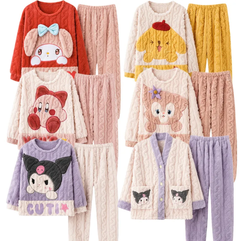 

Kawaii Anime Star Kirby Cinnamoroll Kuromi My Melody Plush Warm Coral Cute Cartoon Soft Flannel Winter Pajamas Set Women Gift