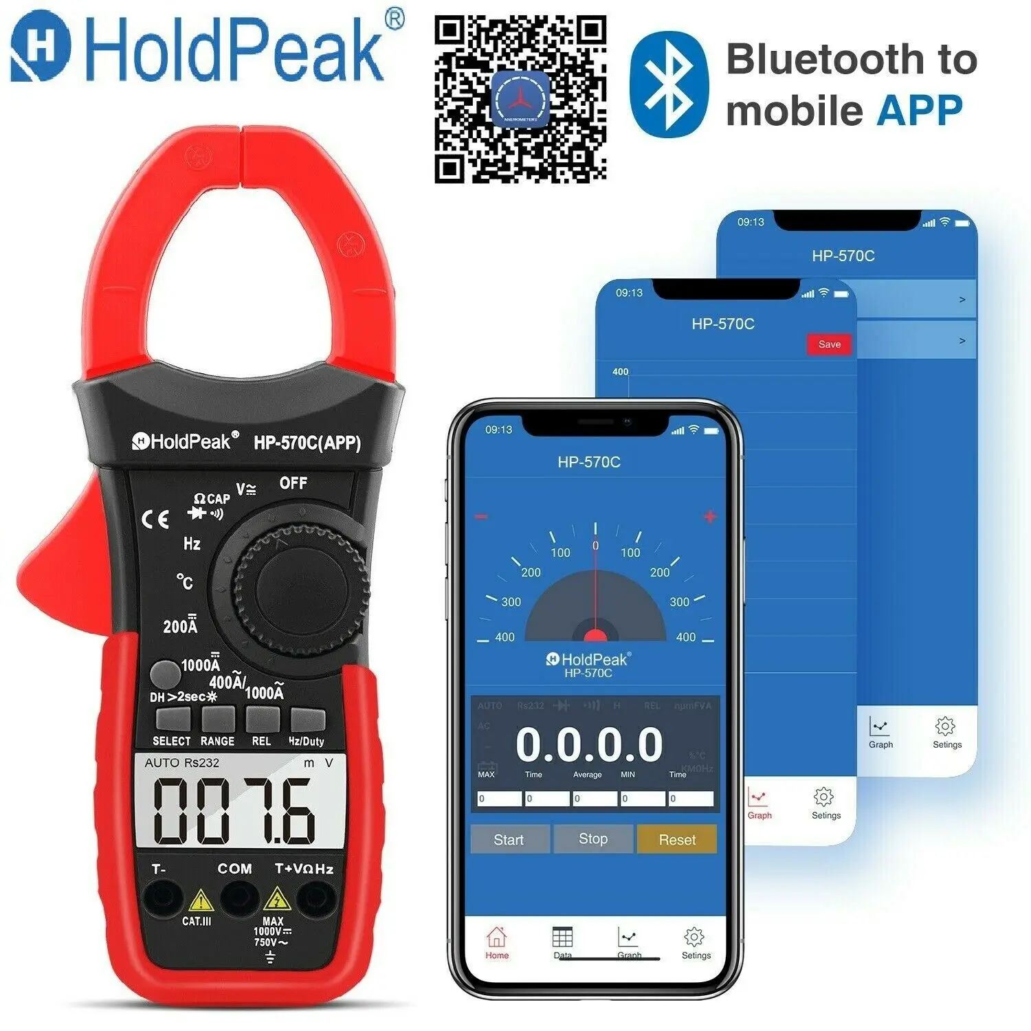 Holdpeak HP-570C-APP Digital Clamp Meter DC Current 4000 Counts AC/DC Volt 1000A Handheld Tester
Holdpeak HP-570C-APP Digital Clamp Meter DC Current 4000 Counts AC/DC Volt 1000A Handheld Tester