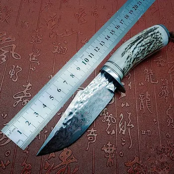 antlers handle Damascus steel fixed blade EDC knife Camping knife Survival Hunting knives with leather sheath knives 
antlers handle Damascus steel fixed blade EDC knife Camping knife Survival Hunting knives with leather sheath knives