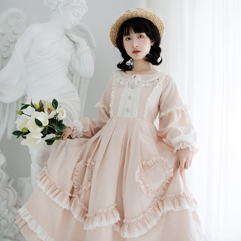 

Fresh Sweet Lolita Op Kawaii Girl Peter Pan Collar Pink Grid Victorian Op Loose Gothic Lolita Shirt Loli Cos Lolita Cute Girl
