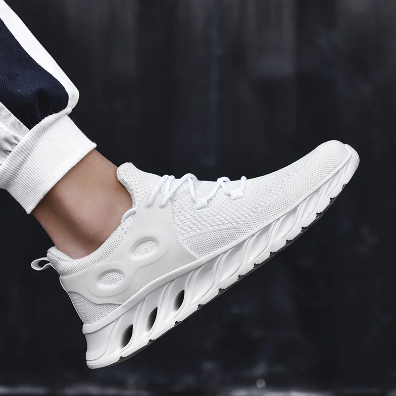 men's running shoes fly weave black white gray color man sneakers lace-up flat shock absorption casual shoes male