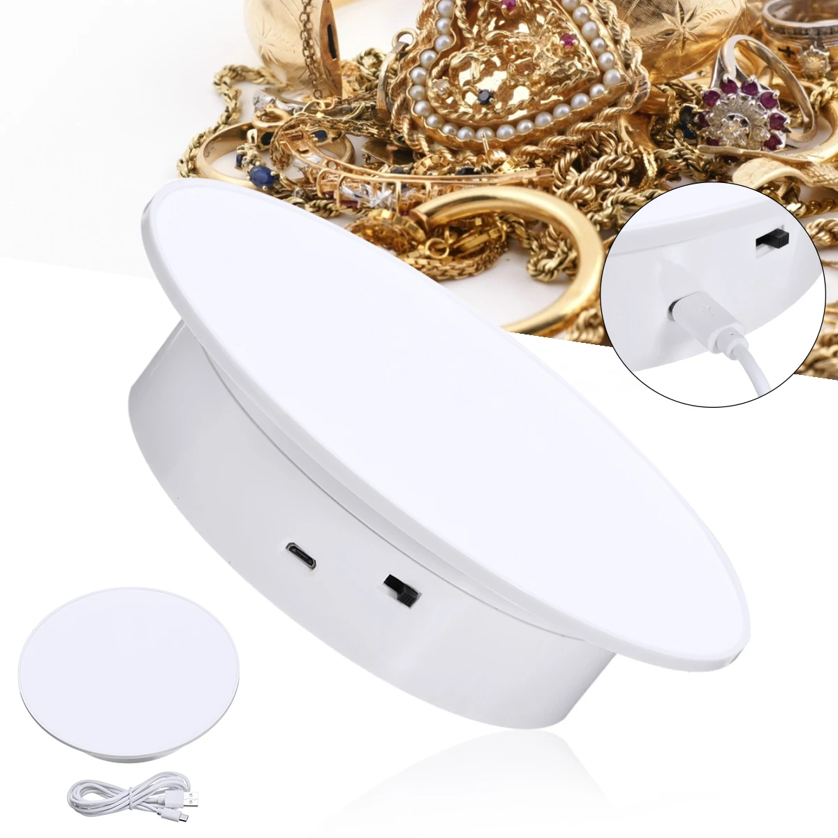 White Durable 360 Degree Electric Rotating Turntable Display Stand For Jewelry Watch Phone Retail Stores
White Durable 360 Degree Electric Rotating Turntable Display Stand For Jewelry Watch Phone Retail Stores