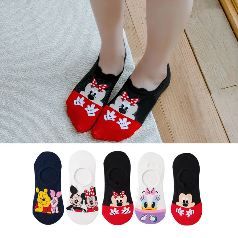

Disney 5 Pairs/Lot Casual Cute women Scoks Cartoon animal Mickey Mouse Donald Duck invisible ankle Socks Cotton happy Funny sock