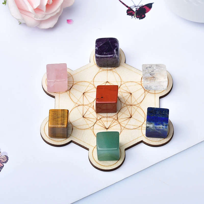 1Set Natural Crystal Stone Cube Mixed Seven Chakra Healing Star Array Wood Plate Yoga Home Decor Gift | Дом и сад