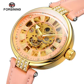 

Forsining Fashion Ladies Automatic Movement Relojes De Mujer Watch Skeleton Crystal Leather Mechanical Wristwatch For Lady Gift