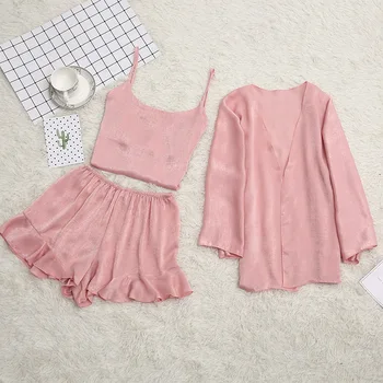 New Spring and Autumn Silk Women Shorts Three-Piece Pajamas Large Size Homewear Set Soft Touch Bathrob
New Spring and Autumn Silk Women Shorts Three-Piece Pajamas Large Size Homewear Set Soft Touch Bathrob