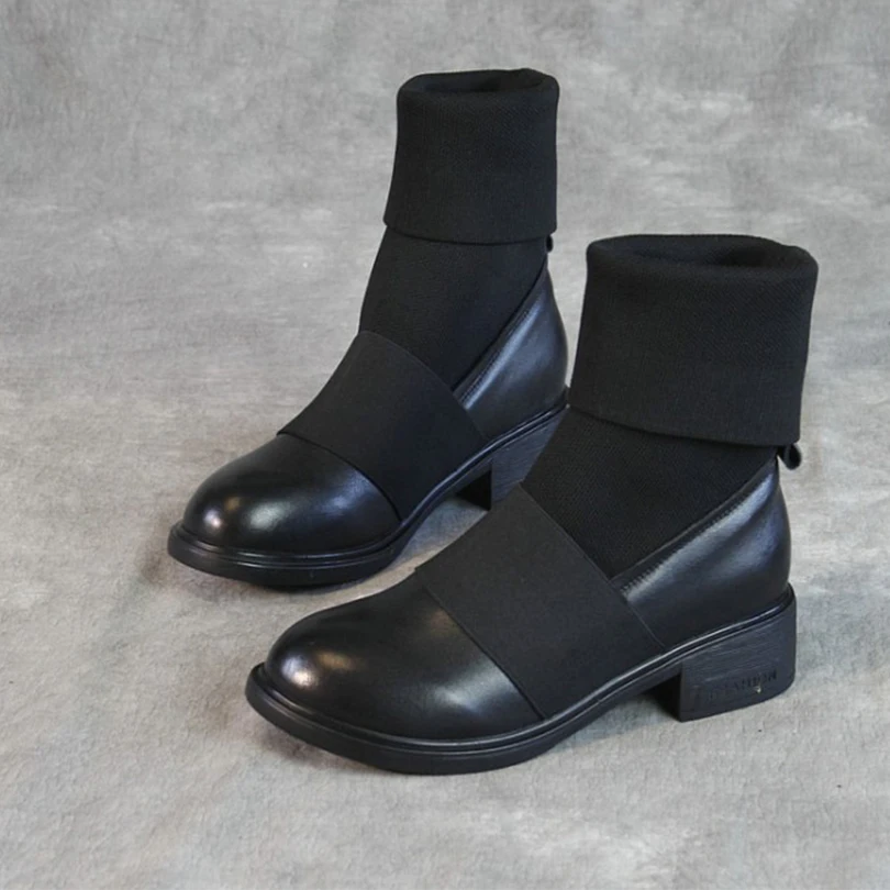 Женские ботинки из натуральной кожи черные до щиколотки вязаные сшитые каблуки