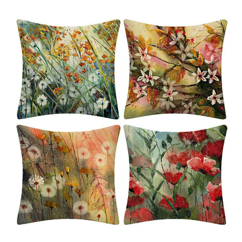 

2pcs/set Floral Pattern Pillow Case Flax Flower Plant Throw Cushion Cover Household Living Room Decorated Pillowcase