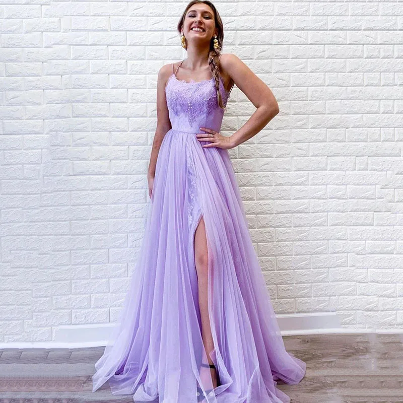 Eightree Spaghetti Straps Prom Dresses Lace Appliques Long Evening Dresses Tulle Side Slit Backless Party Gown Vetidos de festa
Eightree Spaghetti Straps Prom Dresses Lace Appliques Long Evening Dresses Tulle Side Slit Backless Party Gown Vetidos de festa