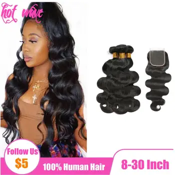 

Hot Wave Brazilian Human Hair Weave Bundles With Front 4X4 Lace Frontal Closure Extension for Women Black Body Wave Wavy Non