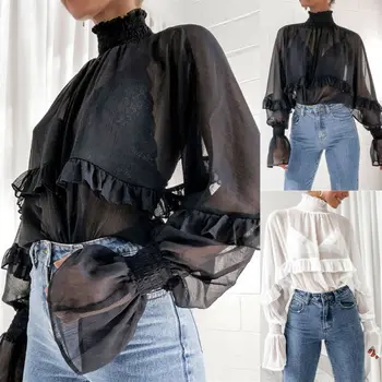 

2020 Spring Womens Chiffon Blouse Long Sleeve Mesh Sheer High Neck Solid Color Ruffle Trim Blouse Loose See-Though Frill Tops