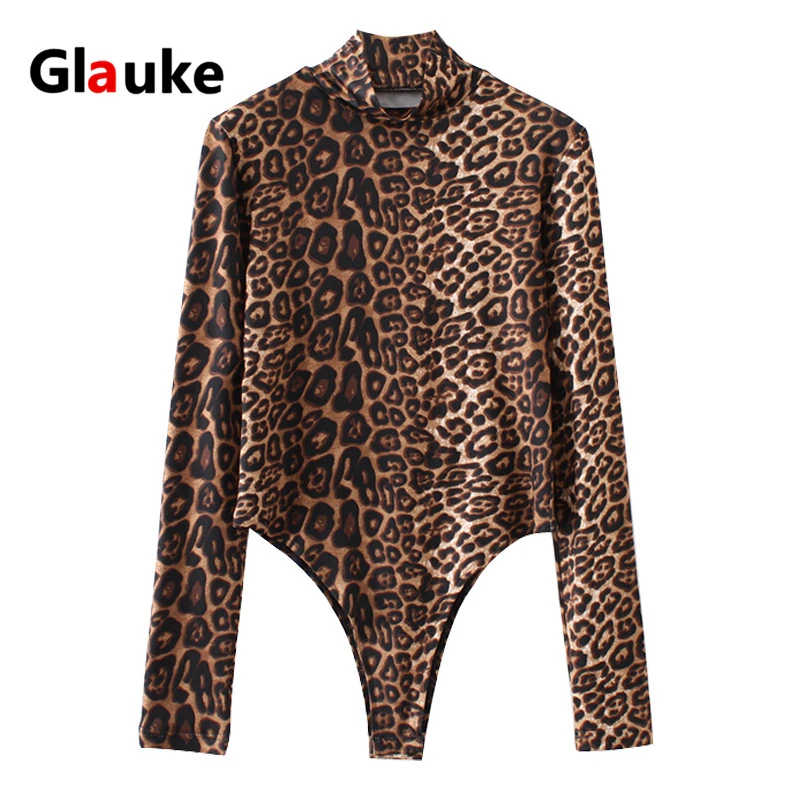 

GLAUKE Women sexy leopard print jumpsuit shirt collar tight top coat Blouse Long Sleeve Sexy Turn Lady Office Shirt Tunic Casual