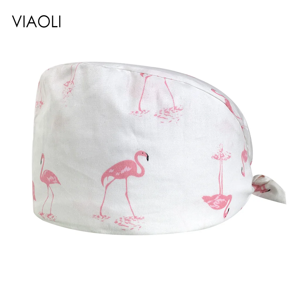 Фото new Unisex cotton white Flamingo printed hats breathable adjustable frosted hat beauty salon nursing cap laboratory pet shop |