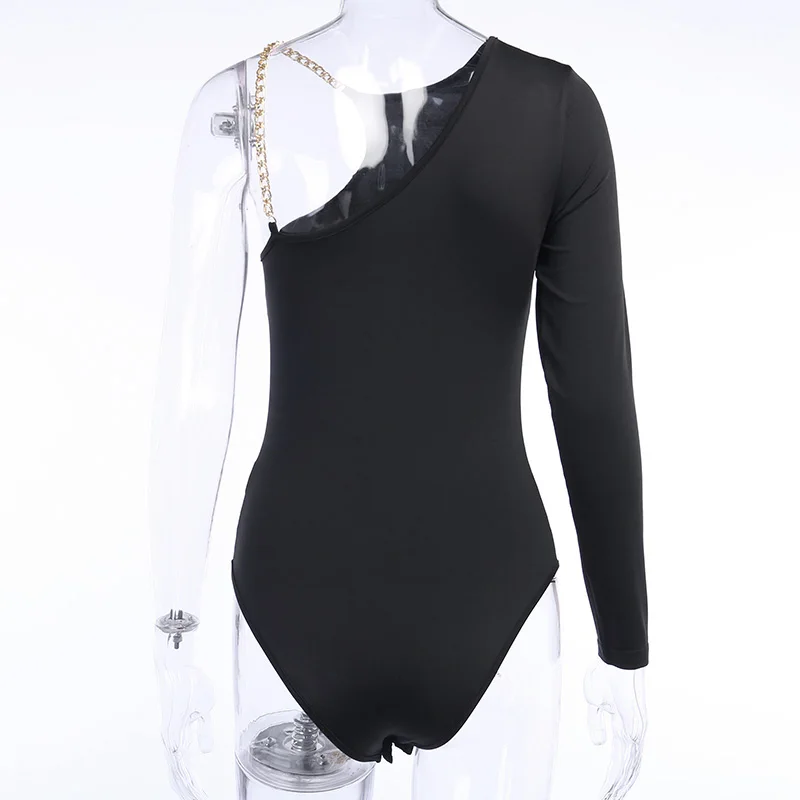 WannaThis One-Sleeve Bodysuit Women Sexy Slim Elastic Off Shoulder Summer New Ladies Rompers Irregular Neck Solid Black Clubwear