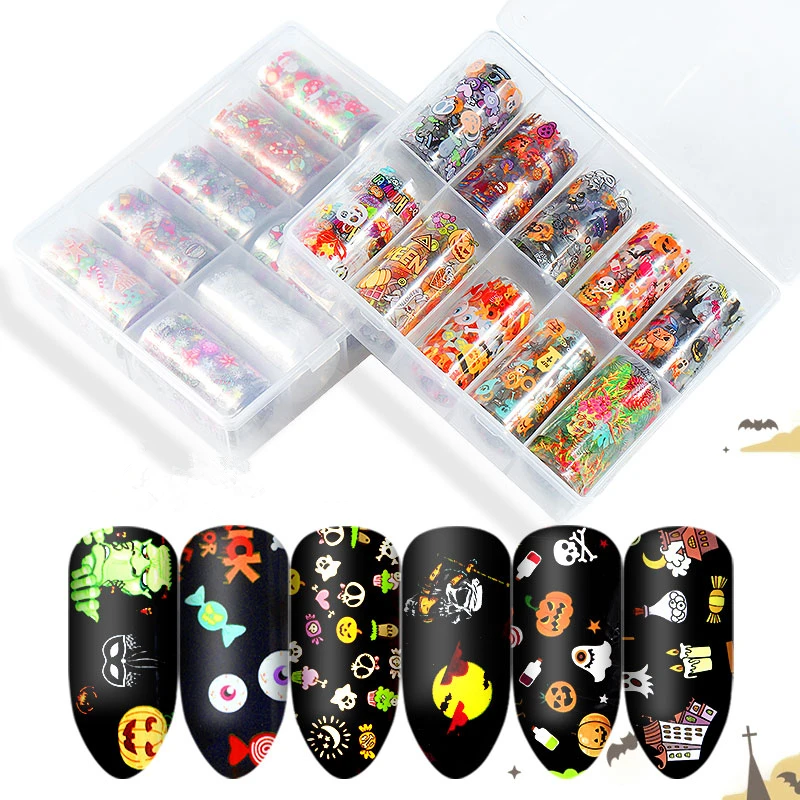 10 pcs/box Halloween Christmas Nail Art Transfer Foil Sticker Mixed Styles Festival Nail Decorations Manicure Design Accessories
10 pcs/box Halloween Christmas Nail Art Transfer Foil Sticker Mixed Styles Festival Nail Decorations Manicure Design Accessories