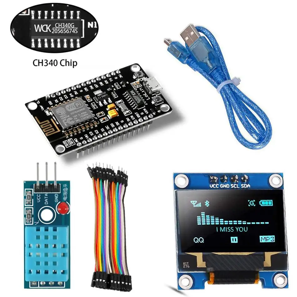 Комплект для начинающих ESP8266 WiFi IoT NodeMCU беспроводной I2C OLED дисплей DHT11 датчик
