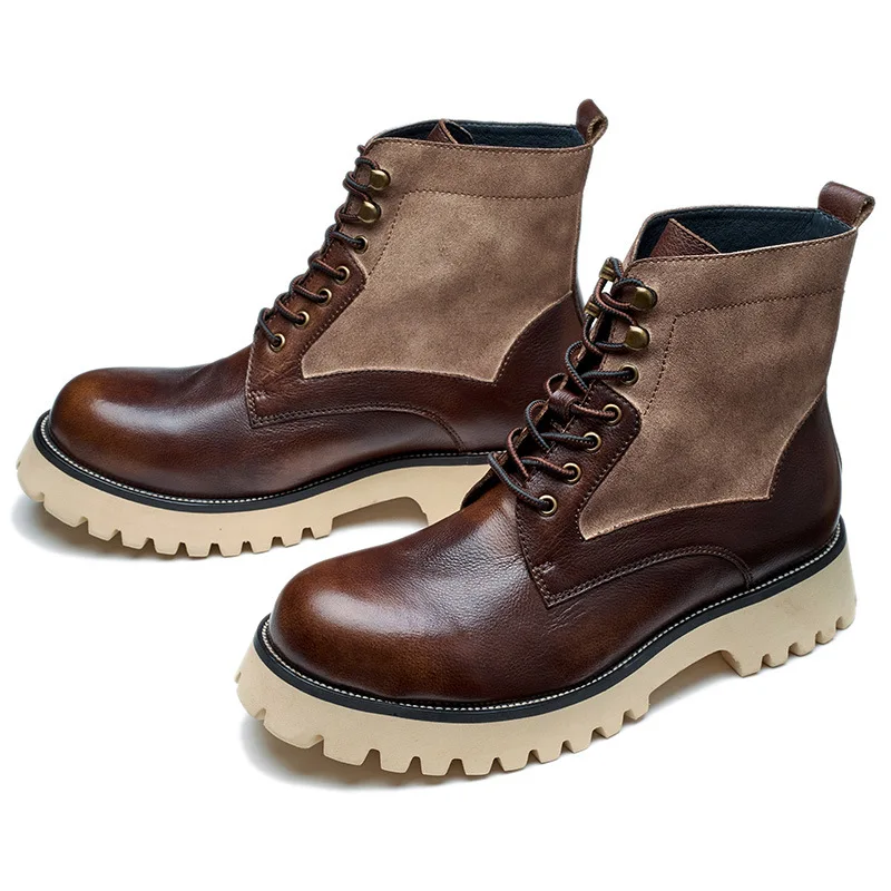 

MUST GET ! Classical Mixed Colors Men Leather British Retro Tooling Boots Thick Soles Increased Men's ALL-match Shoes