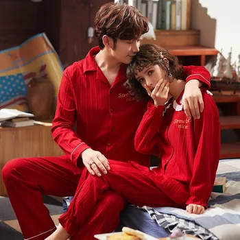 Pajamas Women's Autumn and Winter Pure Cotton Cardigan Fold-down Collar Red Sweet Men Couples Home Wear Two-Piece Set
Pajamas Women's Autumn and Winter Pure Cotton Cardigan Fold-down Collar Red Sweet Men Couples Home Wear Two-Piece Set