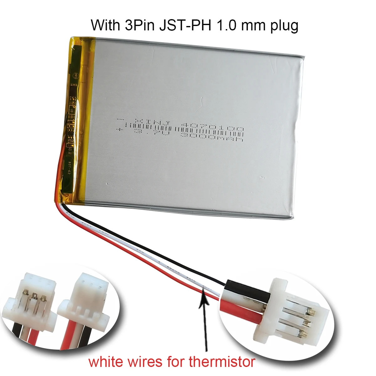 

3.7V 3000mAh 11.1Wh Rechargeable 3 Wire Thermistor Li Polymer Battery 4070100 JST 3pin 1.0 1.25mm Connector For GPS Tablet PC