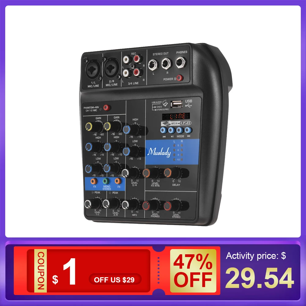 Muslady S-1 4-Channel BT Mixing Console Digital Audio Mixer Built-in Reverb Effects +48V Phantom Power 2-band EQ mixer audio Hot
Muslady S-1 4-Channel BT Mixing Console Digital Audio Mixer Built-in Reverb Effects +48V Phantom Power 2-band EQ mixer audio Hot