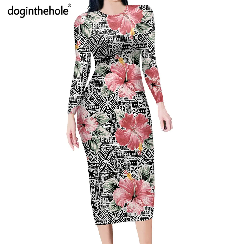 

Doginthehole Women's Long Sleeve Bodycon Polynesian Tribal Pattern Office Ladies Casual Pencil Dress Elegant Party Tunic