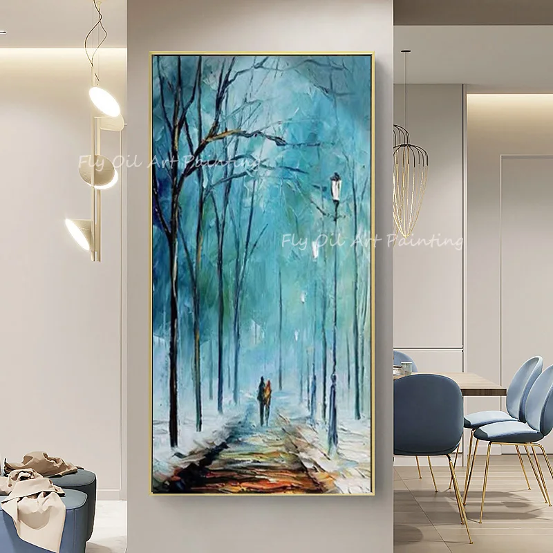 

Large Size Blue Canvas Tree Forest Street Oil Painting Artist Handmade High Quality Picture For Home Decoration Gift