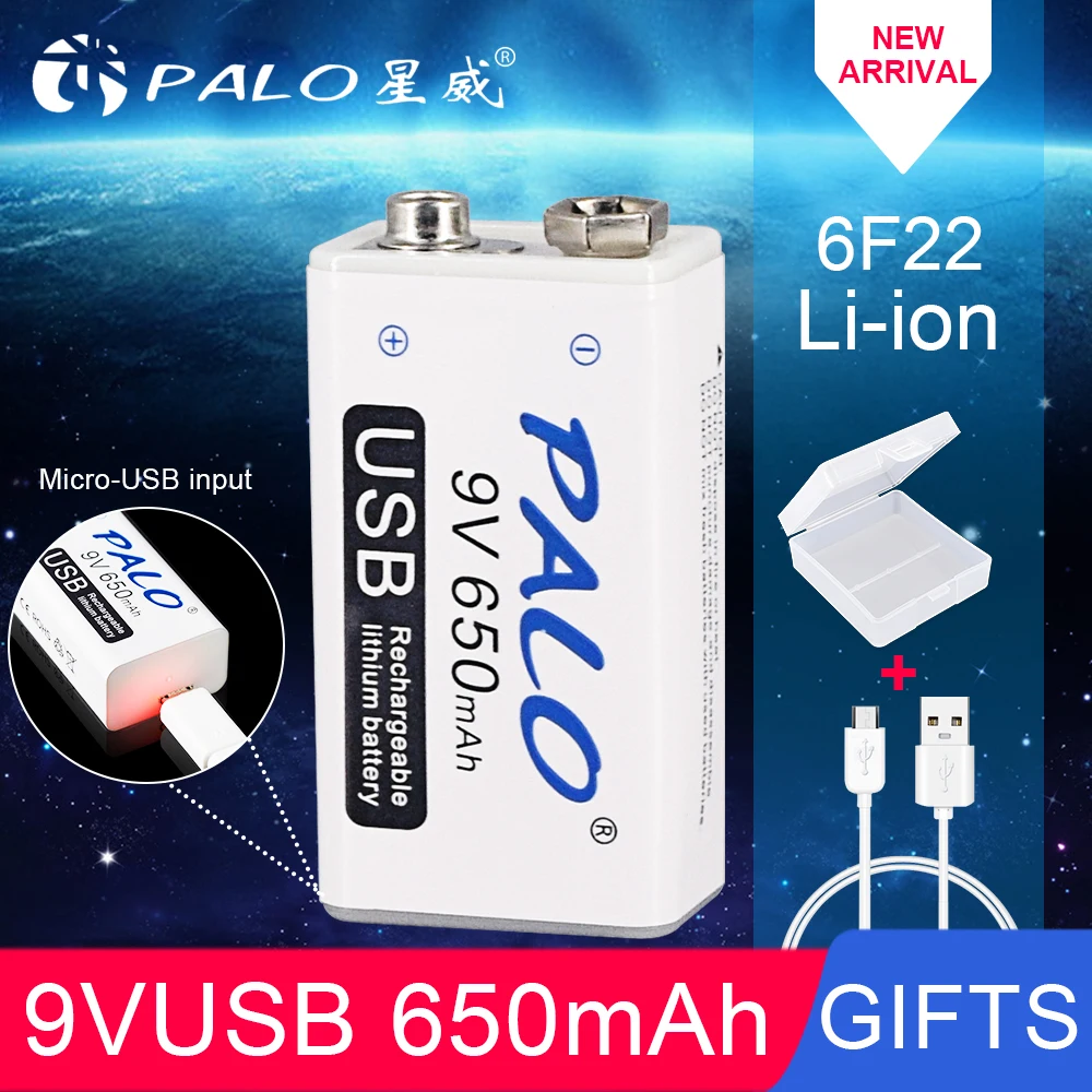 

PALO 650mAh 9V battery USB 6F22 lithium 9V Li-ion Li ion rechargeable battery For Microphone Guitar EQ Smoke Alarm Multimeter