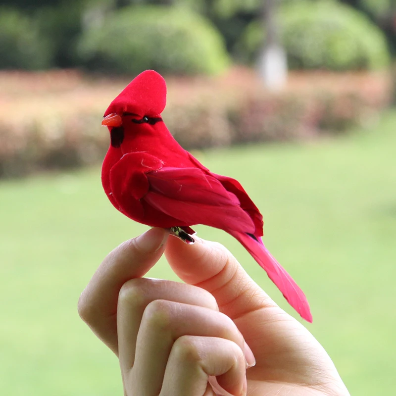 Фото Красное бархатное пенопластовое перо птица искусственная имитация кардинала
