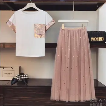 2020 Summer Women Pink Sequined Pocket Short-sleeved Cotton T-shirt + Star Sequins Long Mesh Skirt Set Girls Cute Two-piece Sets
2020 Summer Women Pink Sequined Pocket Short-sleeved Cotton T-shirt + Star Sequins Long Mesh Skirt Set Girls Cute Two-piece Sets