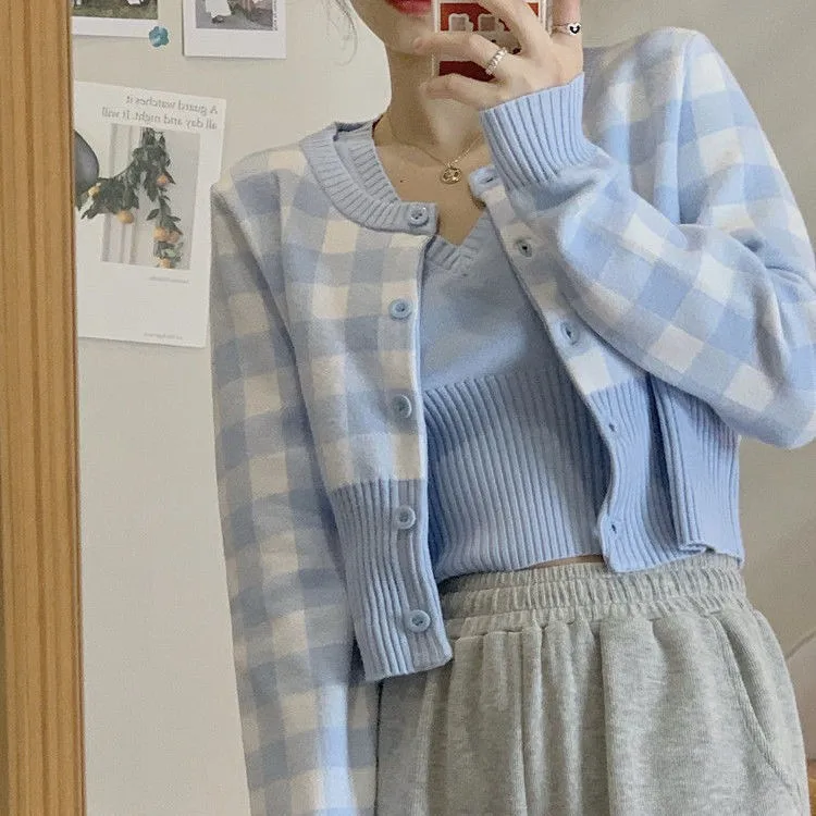 

Korean Style Chic Two Pieces Suits Blue Plaid Crop Cardigans Jacket + V Neck Camisole For Women Streetwear Ladies Sweater Suits