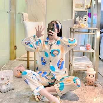 Autumn Winter Long Sleeve Women Pajamas Set Lapel Cartoon Blue Lion Female Pyjamas Set Cardigan Home Sleep Wear 2 Piece Suit
Autumn Winter Long Sleeve Women Pajamas Set Lapel Cartoon Blue Lion Female Pyjamas Set Cardigan Home Sleep Wear 2 Piece Suit
