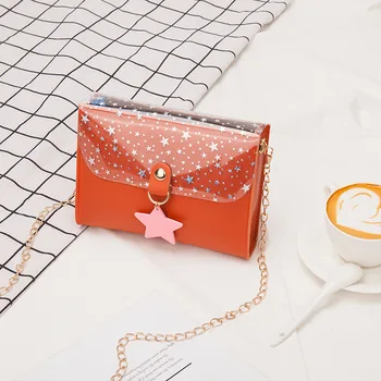 Cute printed pentagram pendant transparent small square bag shoulder bag new chain mobile phone change messenger clutch
Cute printed pentagram pendant transparent small square bag shoulder bag new chain mobile phone change messenger clutch