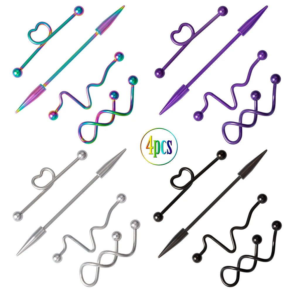4pcs/set Stainless Steel Industrial Barbell Earrings Heart Twist Cone Rainbow Punk Ear Cartilage Helix-Conch Piercing Jewelry 
4pcs/set Stainless Steel Industrial Barbell Earrings Heart Twist Cone Rainbow Punk Ear Cartilage Helix-Conch Piercing Jewelry