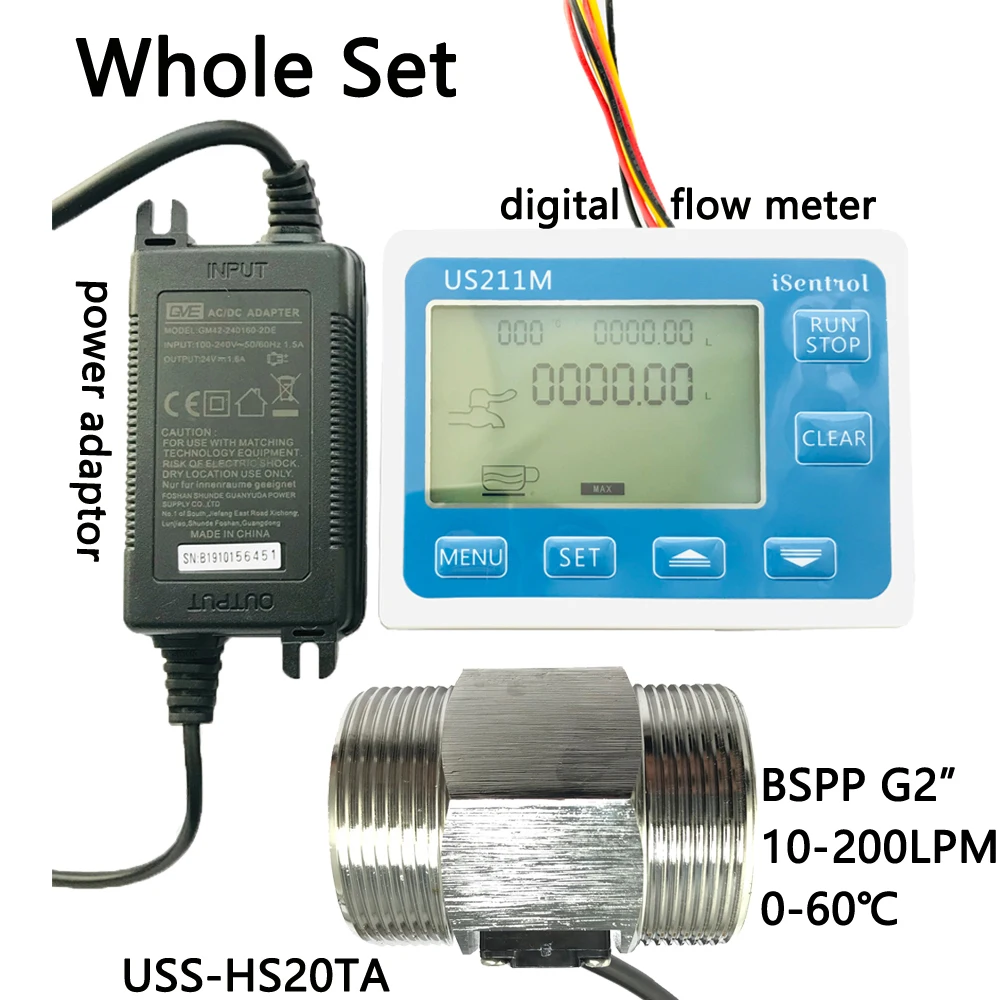 

US211M Digital Flow Meter & USS-HS20TA Stainless Steel 304 Inox Hall Flow Sensor Measurement 10-200L/minBSPP G2" Dijiang Saier