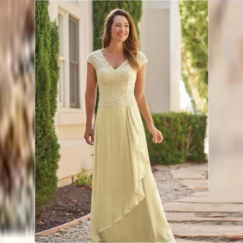 Latest Charming Light Yellow A Line Chiffon Lace Top Mother of the Bride Dresses Cap Sleeves V Neck Wedding Party Gowns Back Out
Latest Charming Light Yellow A Line Chiffon Lace Top Mother of the Bride Dresses Cap Sleeves V Neck Wedding Party Gowns Back Out