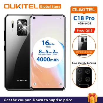 

OUKITEL C18 Pro 6.55" Android 9.0 MT6757 4GB 64GB 16MP 4 Cameras Smartphone 1600*720 4000mAh Octa Core Fingerprint Mobile Phone