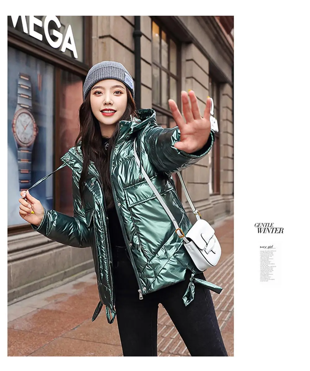 Vielleicht 2020 New Arrival Women Winter Jacket Shining Fabric Cotton Padded Warm Thicken Short Coat Hooded Fashion Parka Female