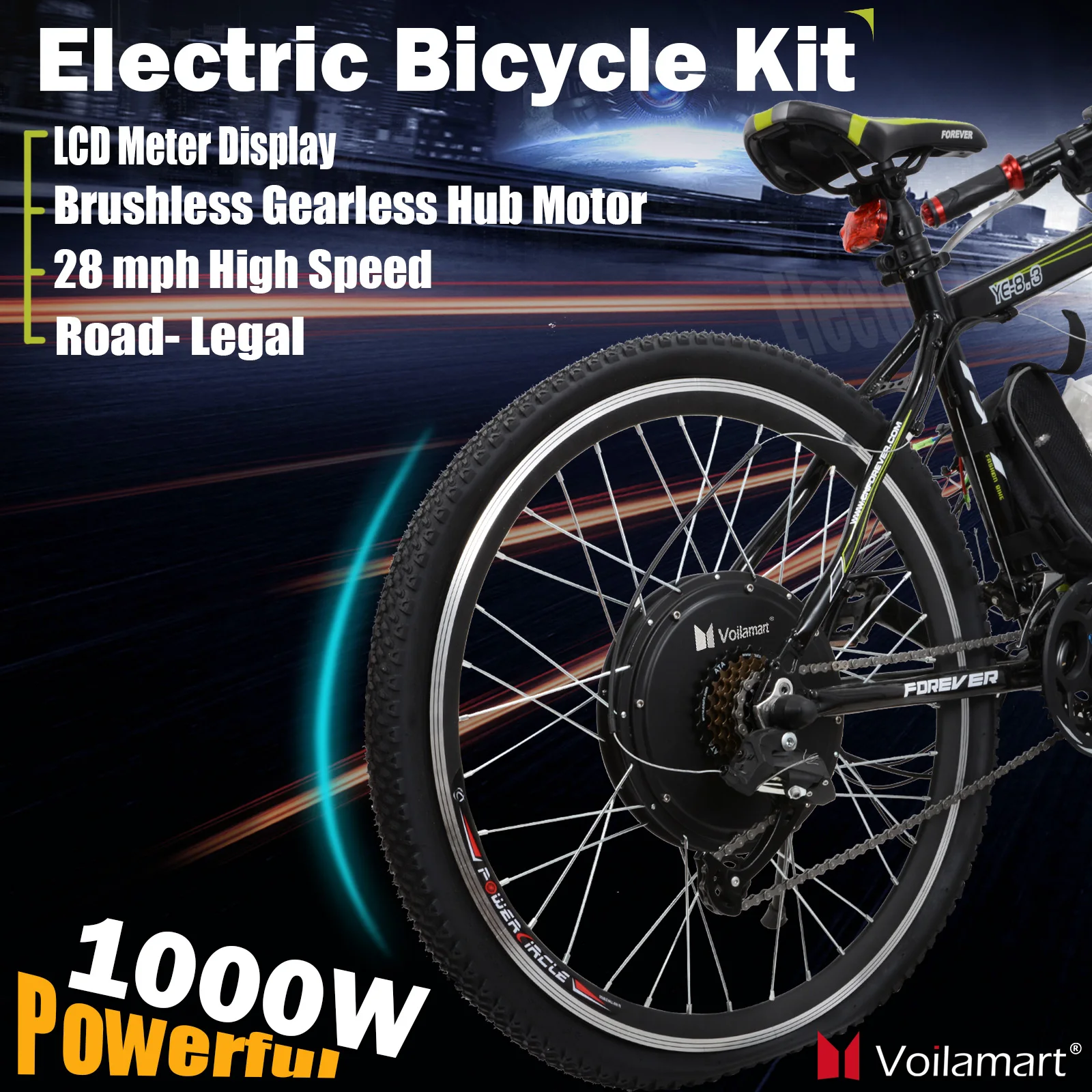 

Voilamart 26" 48V 1000W Electric Bicycle Conversion Kit Rear Wheel Brushless Hub E-Bike Motor Kit with LCD Meter