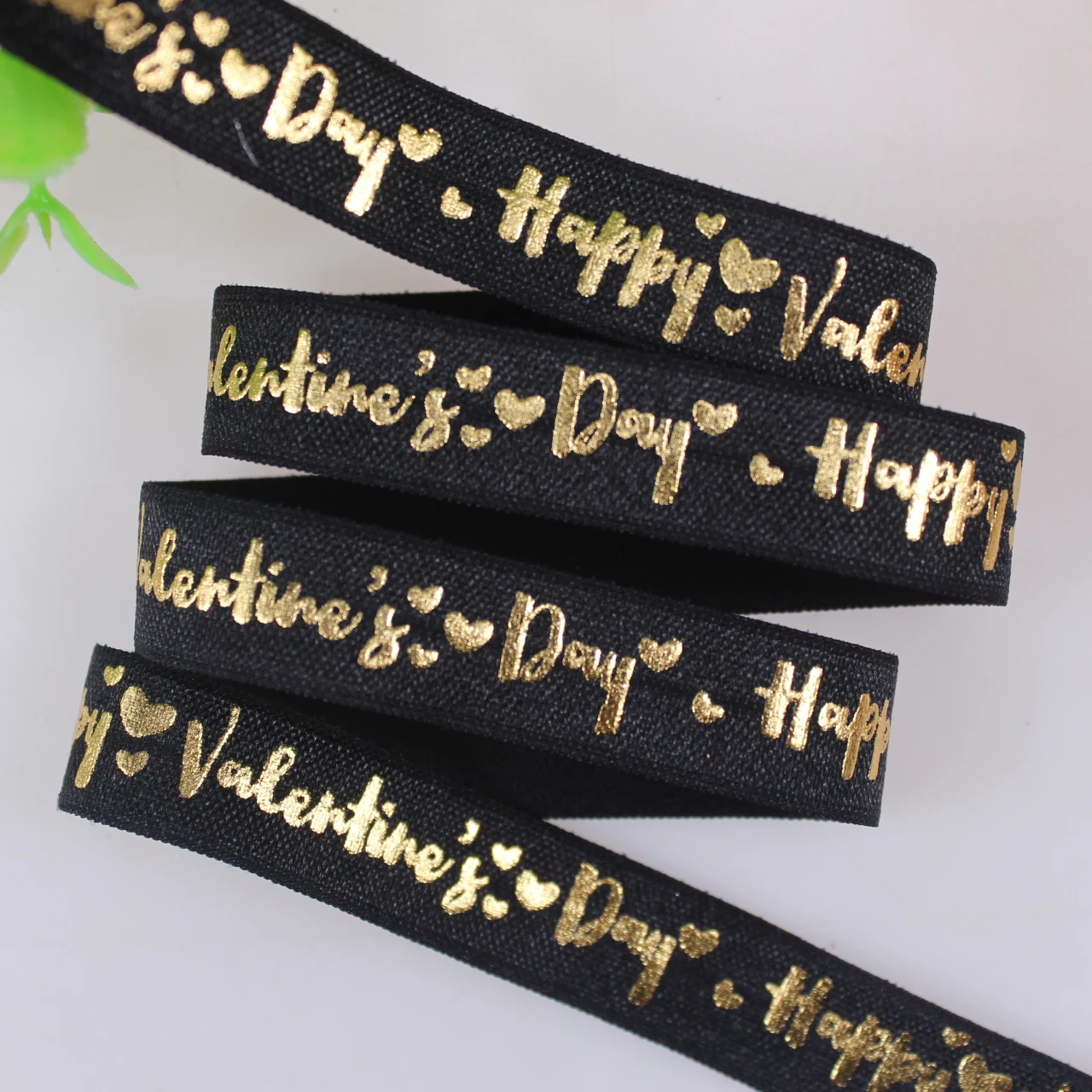 

New Design 5/8" Gold Foil Happy Valentine's Day Printed 030 Black FOE Fold Over Elastic Ribbon 100Yards