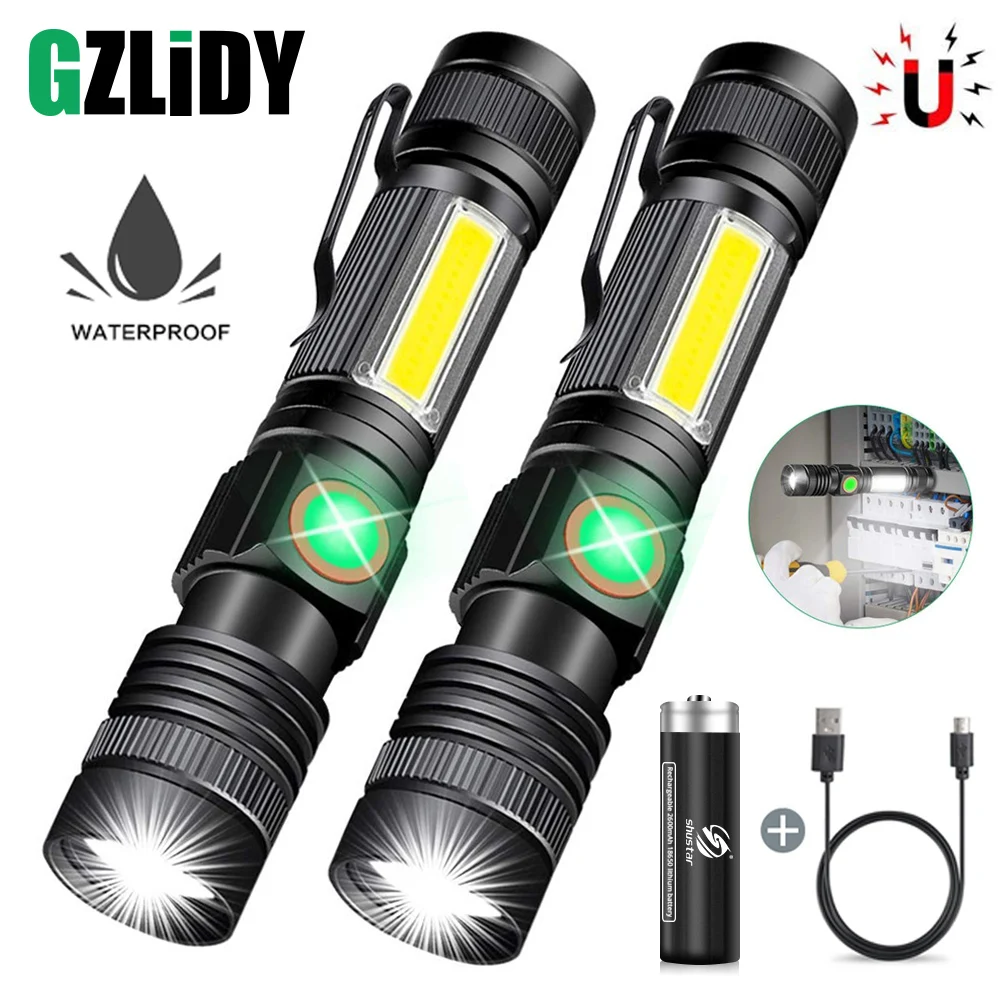 Powerful XHP50/T6 LED Flashlight Waterproof COB Torch with Tail Magnet Zoomable Camping Lantern 2600mAh 18650 USB Work Light | Лампы и