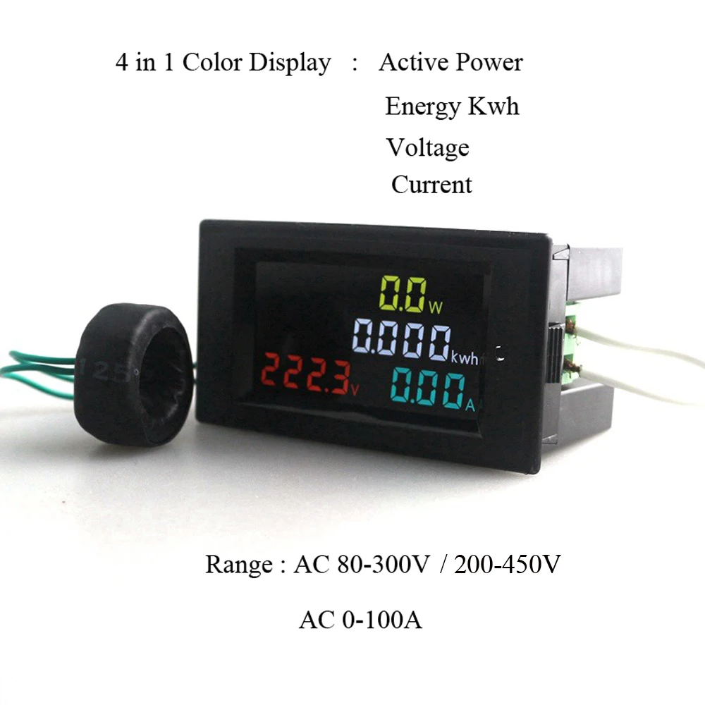 4IN1 Color Screen 180 Degrees LED Display Panel Meter with Voltmeter Ammeter Energy Meter Active Power 80-300V/200-450V 100A
4IN1 Color Screen 180 Degrees LED Display Panel Meter with Voltmeter Ammeter Energy Meter Active Power 80-300V/200-450V 100A