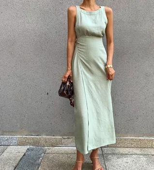 Woman Summer Dress Elegant Cotton Linen Split Empire Waist Belt Long Dress Female
Woman Summer Dress Elegant Cotton Linen Split Empire Waist Belt Long Dress Female
