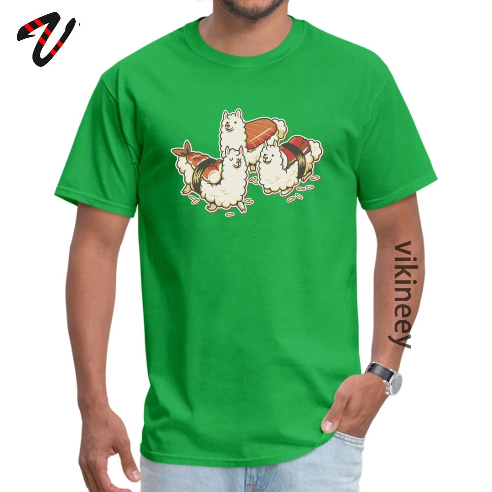 Alpaca_Sushi_Niguiri__ Normal Top T-shirts for Men Cotton Fabric April FOOL DAY Tops Shirt Tops Shirt Retro Round Collar Alpaca_Sushi_Niguiri_1_1992 green