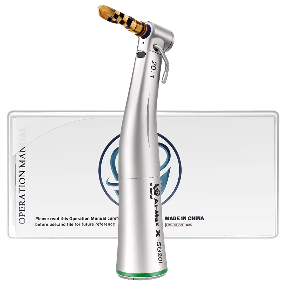 Ti Max series 20:1 reduction push button low speed green ring contra angle dental implant surgery handpiece with optical fiber
Ti Max series 20:1 reduction push button low speed green ring contra angle dental implant surgery handpiece with optical fiber