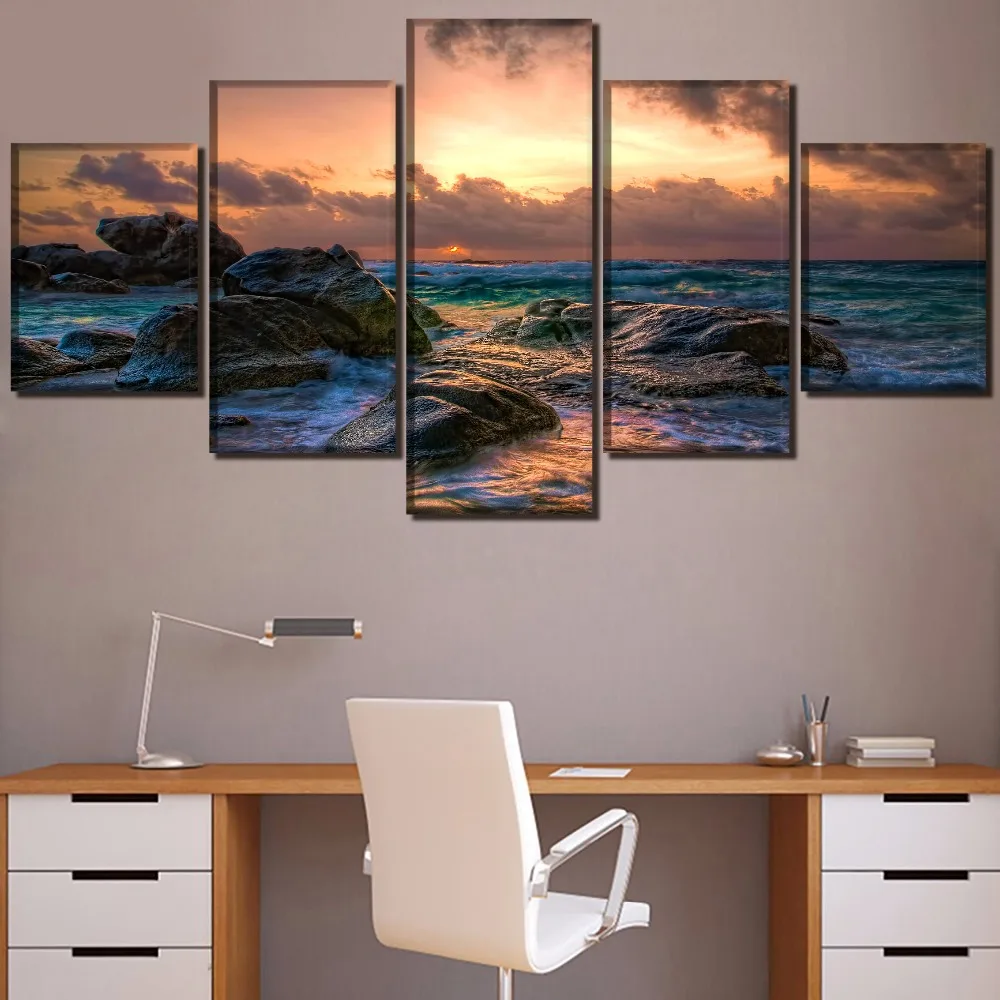 Фото Wall Art Canvas HD Prints Modular Pictures 5 Pieces Horizon Ocean Rock Sky Sunset Wave Landscape Paintings Decor Artwork Frame | Дом и сад