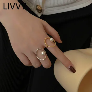 LIVVY 새로운 패션 실버 색상 조정 가능한 진주 반지 여성을위한 간단한 프랑스 할로우 기하학 우아한 웨딩 쥬얼리