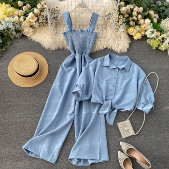 Seaside Holiday Two Pieces Suits 2020 spring summerNew Sling Pleated Wide Leg Jumpsuits + Short Sleeve Lace Up Blouse Women Set
Seaside Holiday Two Pieces Suits 2020 spring summerNew Sling Pleated Wide Leg Jumpsuits + Short Sleeve Lace Up Blouse Women Set