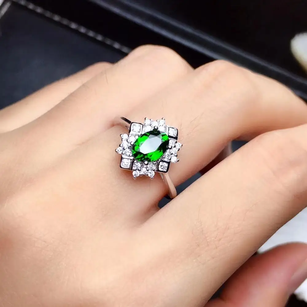 

Natural green diopside gem Ring Natural gemstone Ring S925 silver Luxurious ancient geometry women's girl party gift Jewelry