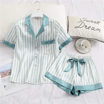 Stripe Cute Pajamas Woman Satin Short Sleeve Shirt&Shorts Sleepwear Lapel Silky Pyjamas Pijama 2020 2PCS Set Nightwear Suits 
Stripe Cute Pajamas Woman Satin Short Sleeve Shirt&Shorts Sleepwear Lapel Silky Pyjamas Pijama 2020 2PCS Set Nightwear Suits